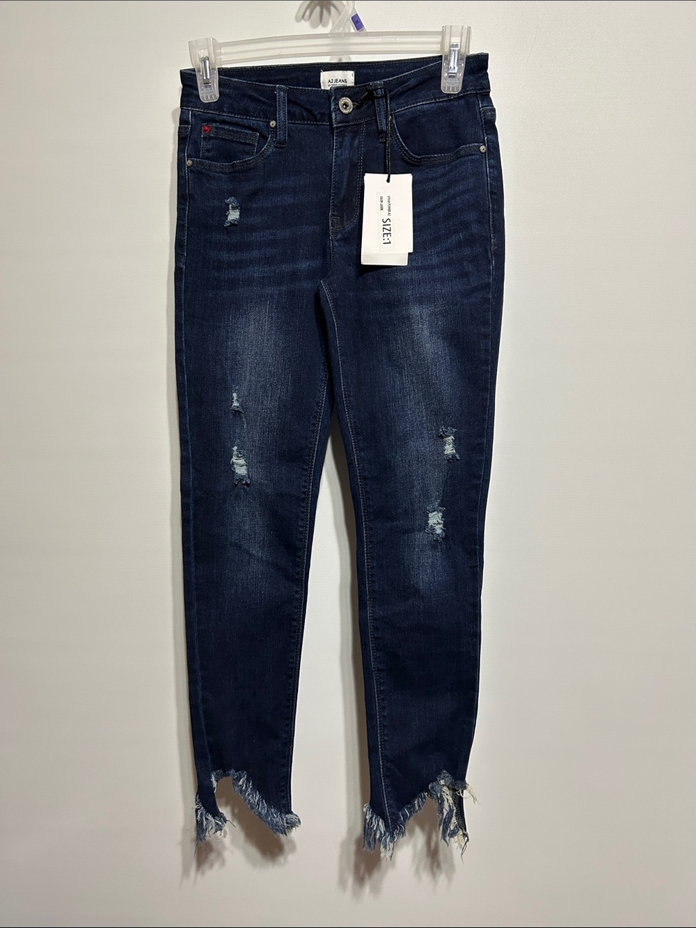 Distressed Dark Blue Ankle Skinny Jeans with Frayed Hem
